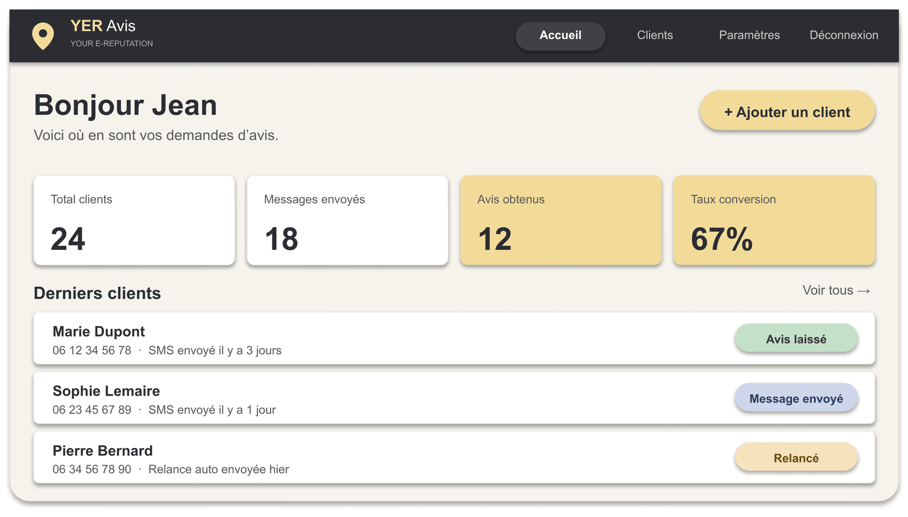 Aperçu du dashboard YER Avis avec mockup d'un pro fictif (Plomberie Centrale) montrant le suivi des avis Google